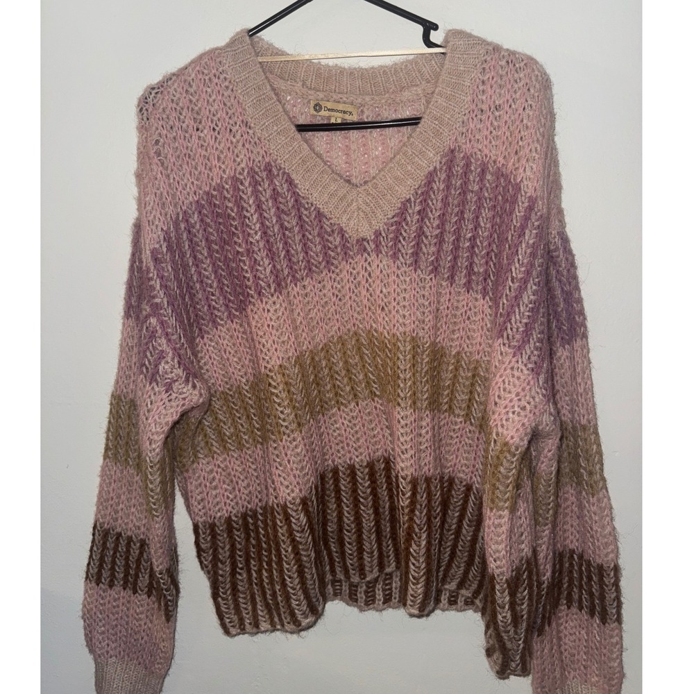 Democracy Womens Striped V-Neck Chunky Knit Sweater Pink Purple Brown Large